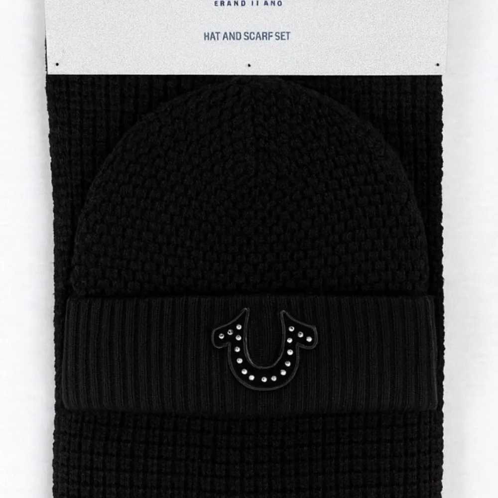 True Religion Black Knit Logo Beanie & Scarf Set One Size